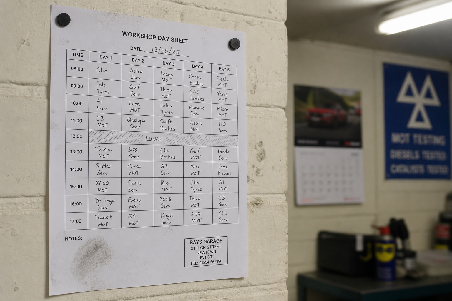 A handwritten workshop day sheet pinned to a brick wall.