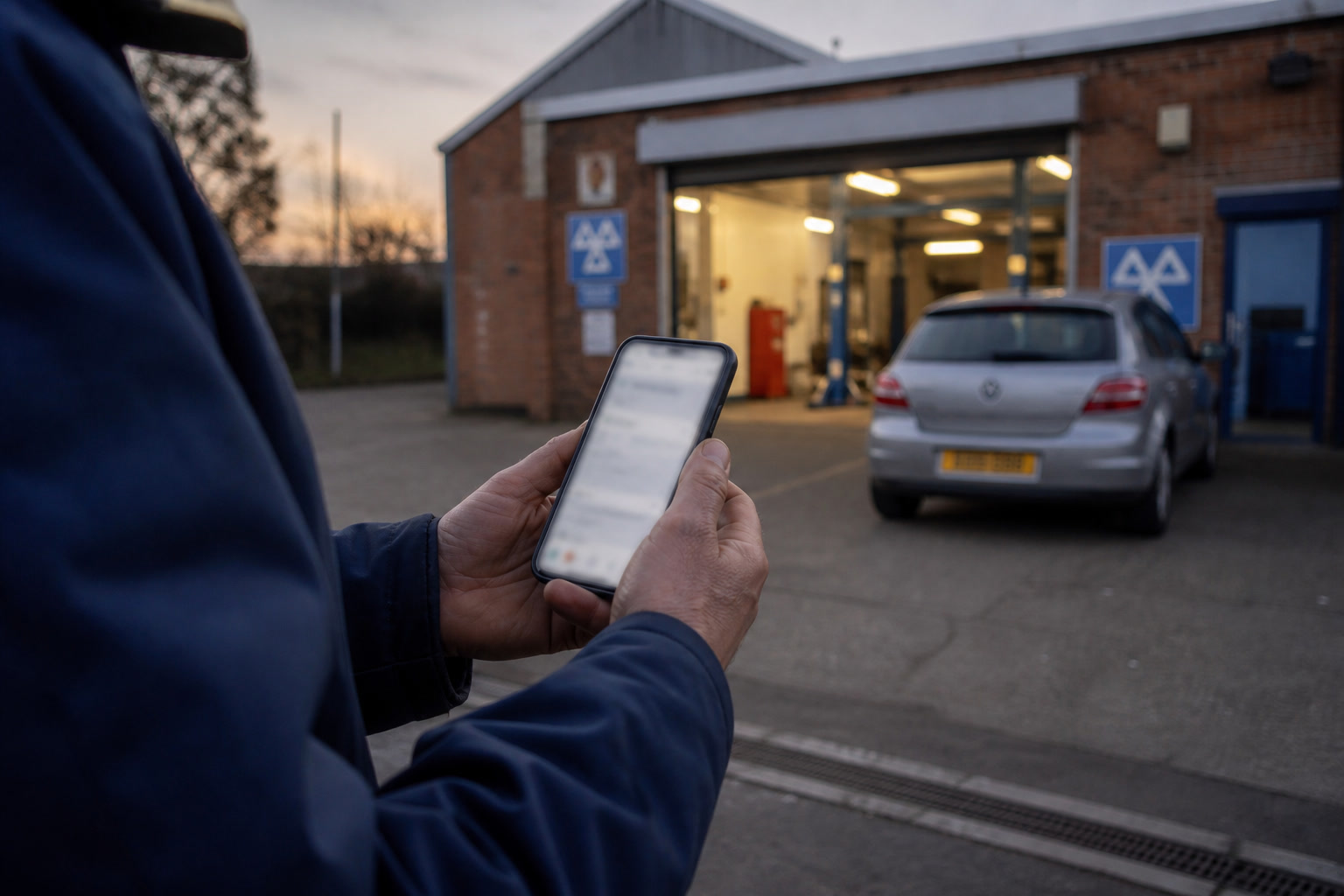 A customer booking on a phone outside a UK MOT garage, yellow plate CAL 123 on a silver hatchback.