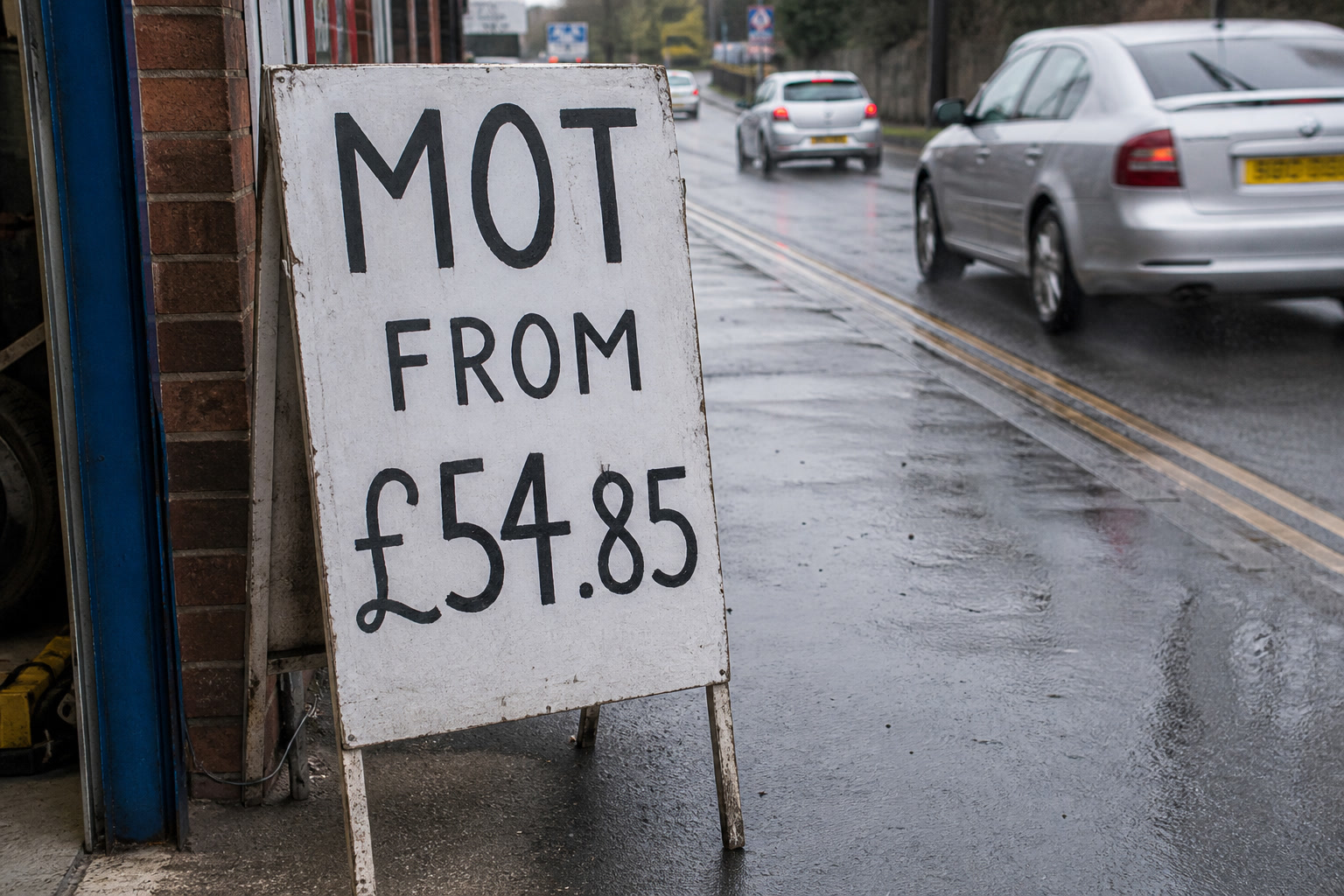 A sandwich board on a wet forecourt: MOT from £54.85.